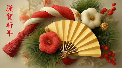 謹賀新年 ― 雅やかな正月飾りと黄金の扇で祝う新春