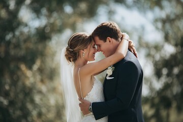 Fototapeta premium A romantic embrace between a bride and groom outdoors, capturing the warmth and affection of their special day.