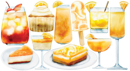 Watercolor Orange Drink Dessert Clip Art Set Summer Food Beverage Cocktail Cupcake Juice Popsicle Cake Cheesecake Tart Illustration Cafe Menu Fresh Citrus