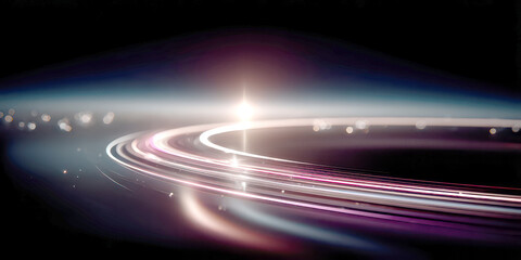 Futuristic Light Trail Curve with Purple White and Blue Streaks on Dark Horizon