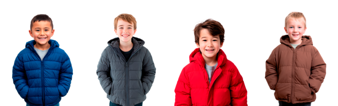 Group of smiling boys in colorful winter jackets on transparent background for fashion or seasonal promotion