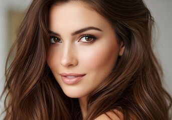 Naklejka premium Close-up portrait, long flowing hair, natural beauty, gorgeous, brunette