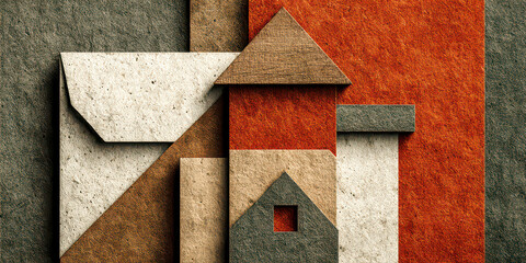 Abstract Geometric Paper Collage with House Shapes and Warm Earth Tones Texture