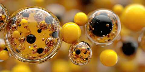 Macro Yellow Oil Water Drops in Abstract Structure with Black and Brown Spheres Inside