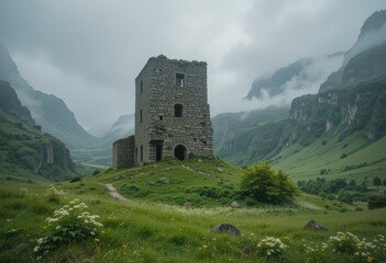 Close up Stone Ruin Tower in Misty Green Landscape under a cloudy sky