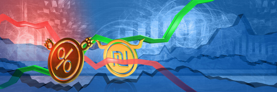 bearish central bank interest rates to ils. financial stability and deflation concept in israel. 3d illustration of cheap currency. financial background in blue color. abstract banner with chart