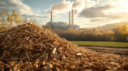 A pile of wood chips in the foreground with a factory emitting smoke and an autumn landscape in the background, highlighting industrial and environmental themes.