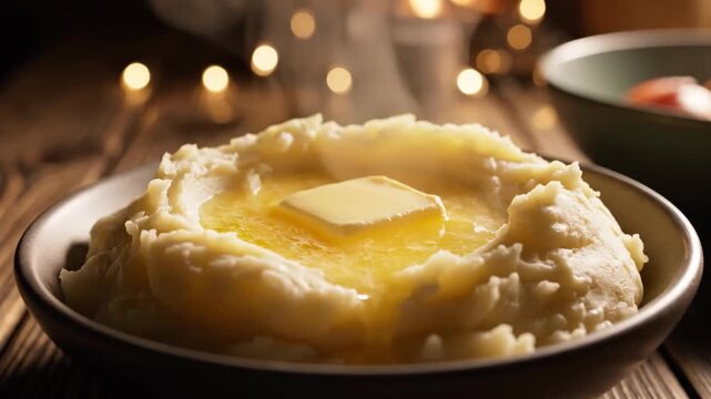 Closeup of butter melting on creamy mashed potatoes with gravy.