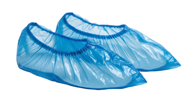 Two blue disposable plastic boot covers for medical, hygiene, or cleanroom environment use. isolated PNG with Transparent Background