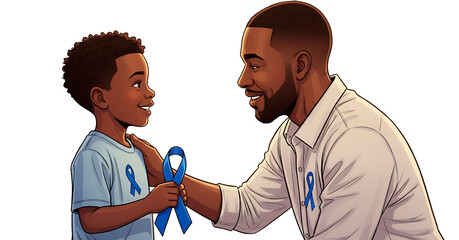 Illustration of a black boy holding a blue ribbon and his father,talking about Men's Health Awareness, blue november campain