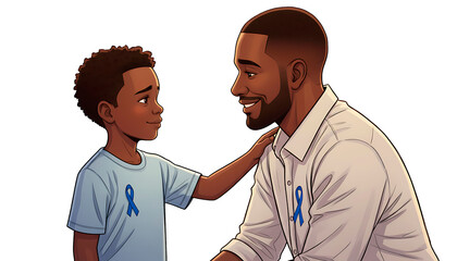 Illustration of a son supportting his father making him aware about the Blue November Campaign