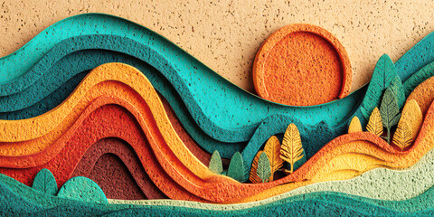 Textured Paper Cutout Landscape Art with Vibrant Earth Tones and Sunset