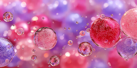 Floating Colorful Soap Bubbles with Pink Purple Liquid and Bokeh Lights