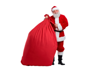 Santa claus holding large red sack for christmas gift delivery on transparent background