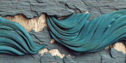 Abstract Teal Green Swirls Over Cracked Dark Wood Texture Background