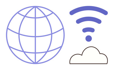 Globe representing worldwide connection, wireless signals above a cloud symbolizing wireless network and storage. Ideal for technology, communication, digital innovation, network, cloud computing