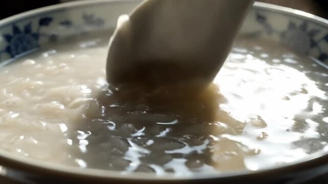 Ladle stirring hot rice congee in a steaming bowl.