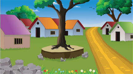 Colorful Village Landscape, Countryside Cartoon Background Illustration