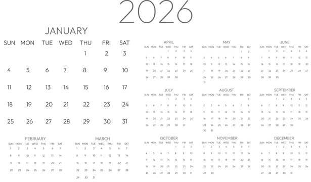 2026 black and white minimalist Calander in editable eps vector format. New year planner, journal