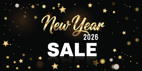 new,year,sale flat vector banner illustration with gold bokeh and stars announcing new year 2026 sale