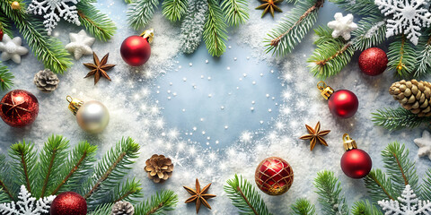 Green fir and pine branches with gold and red Christmas balls creating a festive holiday border frame design for winter new year celebration