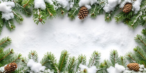 Winter Wonderland Frame: An eye-level shot of a festive Christmas arrangement with evergreen boughs, snow, and pine cones, creating a cozy and inviting atmosphere.