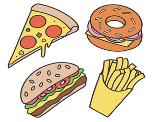 Assortment of fast food items including pizza, donut, burger, and french fries