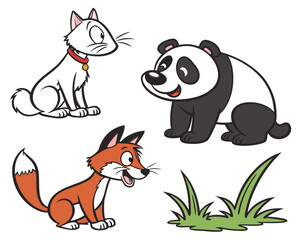 Cartoon animals cat, panda, and fox in simple style