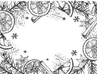 A graphic vector frame with fir tree branches, oranges, cinnamon, star anise. A black and white spice template for label and packaging design for Christmas sweets and mulled wine.