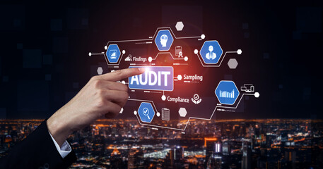 A close-up of a hand interacting with a digital audit graphic showcasing various icons related to compliance, findings, and sampling against a vibrant city skyline at night. Tessel