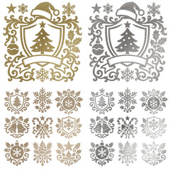 Gold silver christmas ornaments and emblems transparent background