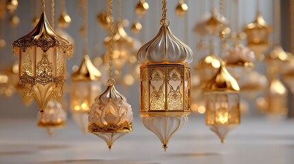 A golden and white ornamented Islamic background, featuring elegant lanterns suspended in the air, creating an atmosphere of spiritual grandeur and serenity.