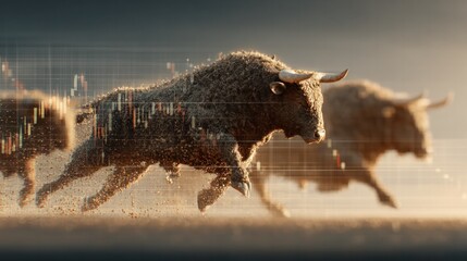 Fototapeta premium Charging Bulls: A dynamic image depicts three powerful bulls charging forward, symbolizing strength and resilience, with subtle financial charts layered in the background.