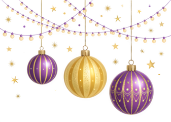 Three festive christmas ornaments with string lights and stars isolated on transparent background