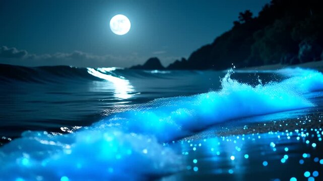 Serene Tropical Beach at Night with Bioluminescent Waves Under a Full Moon and Lush Hillside in the Background