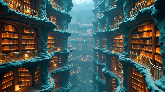 Epic Ancient Library With Endless Bookshelves Illuminated By Warm Light And Dramatic Architecture