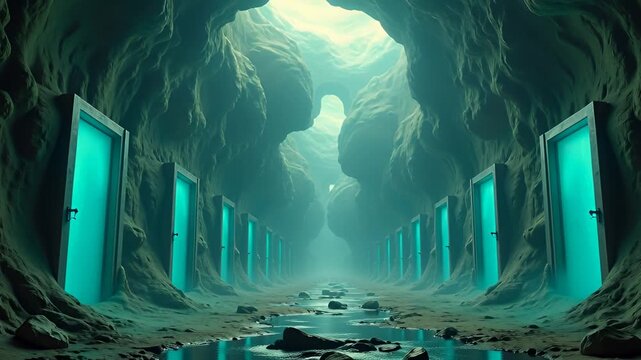Surreal Cave Corridor With Rows Of Glowing Teal Doors And Reflective Water Below Under Soft Light