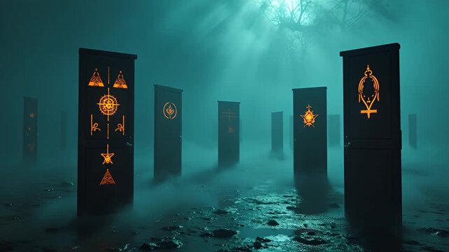 Mysterious Teal Foggy Forest with Ornate Glowing Doors Leading to Unknown Destinations and Eerie Atmosphere