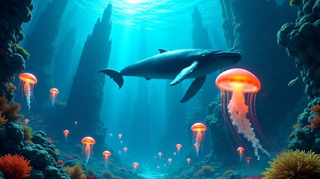 Majestic Humpback Whale Gliding Through Sunlit Coral Reefs Amidst Bioluminescent Jellyfish in Deep Blue Ocean Waters
