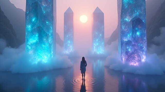 Serene Woman Walks Through Ethereal Crystal Gateway During Gentle Sunset Over Calm Water Reflections