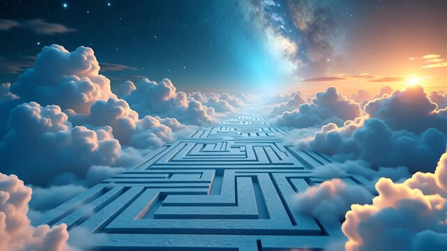 Surreal Celestial Maze Pathway Through Clouds Under Milky Way Galaxy and Sunset Sky