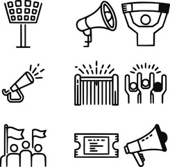 Game Day Atmosphere Outline Icon Collection Stadium Lights, Loudspeaker, and Crowd Energy