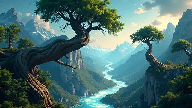 Serene Mountain Valley With Twisted Trees And Turquoise River Under Blue Sky