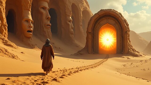 Mysterious Glowing Portal in Ancient Desert Landscape with Carved Faces and Lone Wanderer
