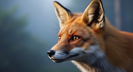 Majestic fox portrait against a blurred misty backdrop. Perfect for wildlife documentaries, conservation campaigns, or animal-themed art projects. Showcase nature's beauty.