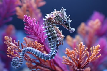 A graceful seahorse, camouflaged amidst vibrant underwater plants, adds a magical touch to the marine world, blending seamlessly into its environment.