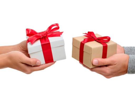 Exchanging gift boxes with red ribbons for celebration or special occasion