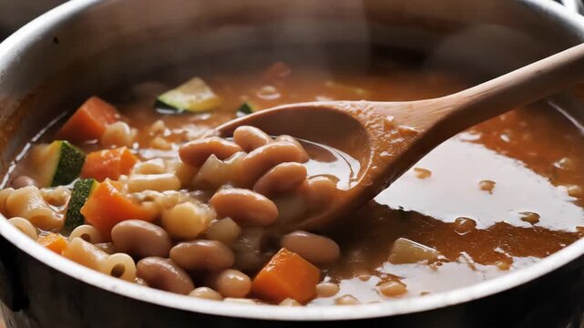 Closeup simmering vegetable bean soup stirred in pot.