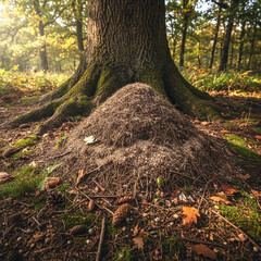 Ant hill at the base of a tree in a forest during autumn sunlight