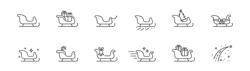 Christmas Sleigh Icons Set in Line Art Style